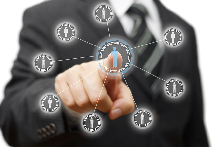 businessman is pressing virtual person concept of managementstaffingmarketing