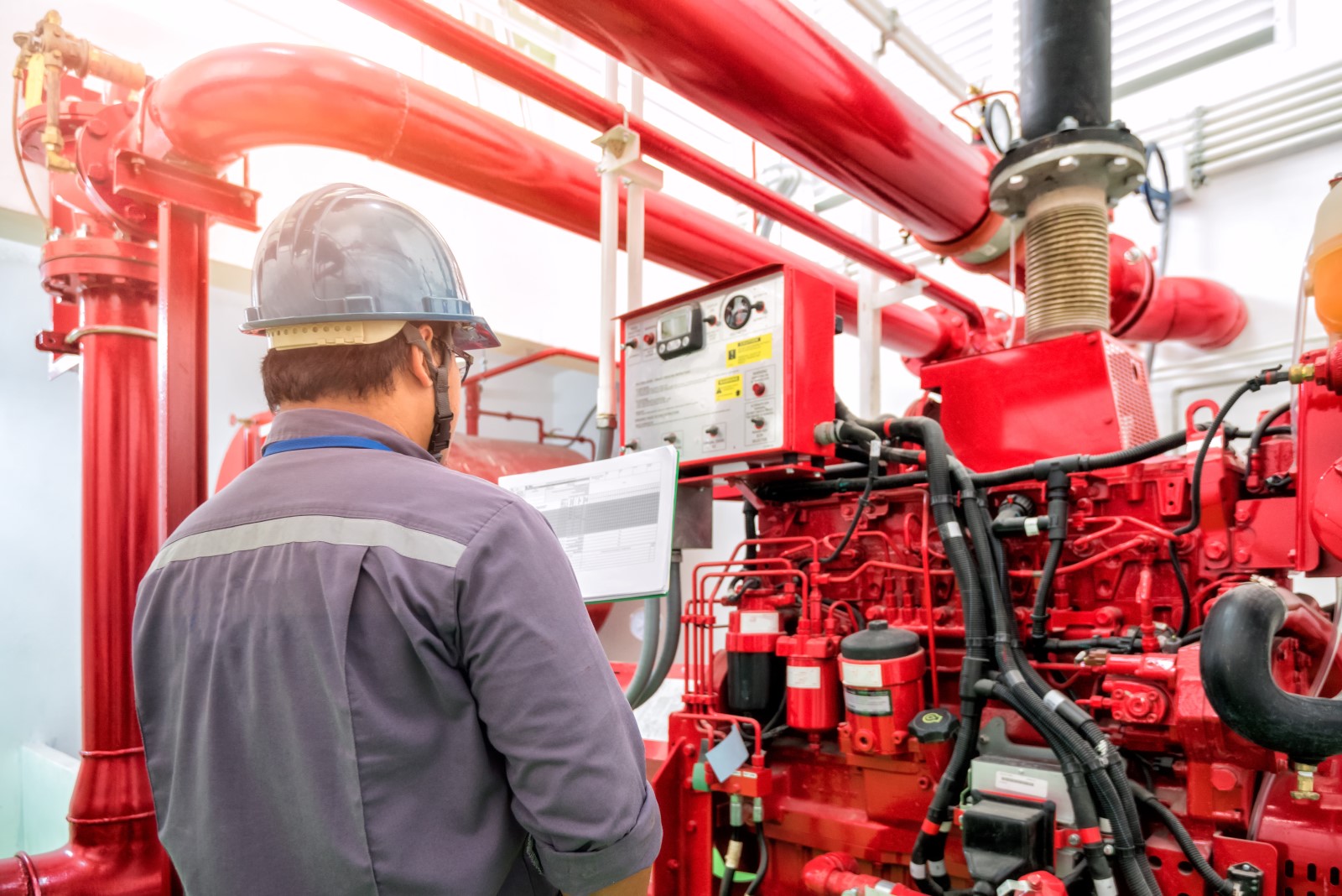 an engineer inspects fire alarms in a healthcare security system