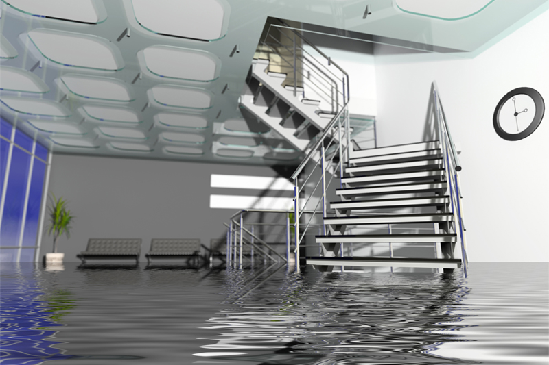 A flooded office space that would have been protected if the owner had a business security system.