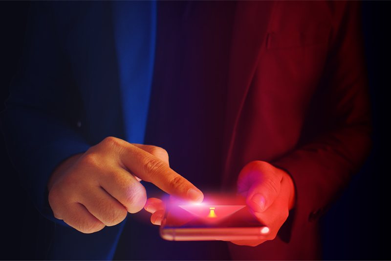 Close up business man formal blue suit Use hold smart phone