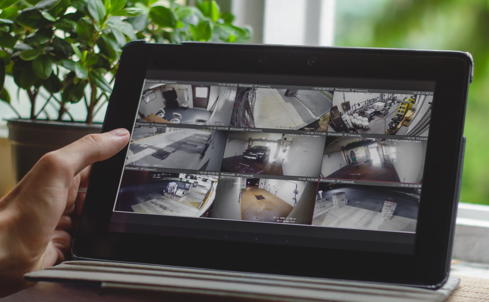 A business owner remotely monitoring his security cameras on a tablet.